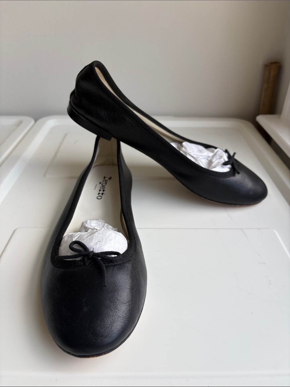 Repetto Black Leather Ballet Flats with Bow Trim